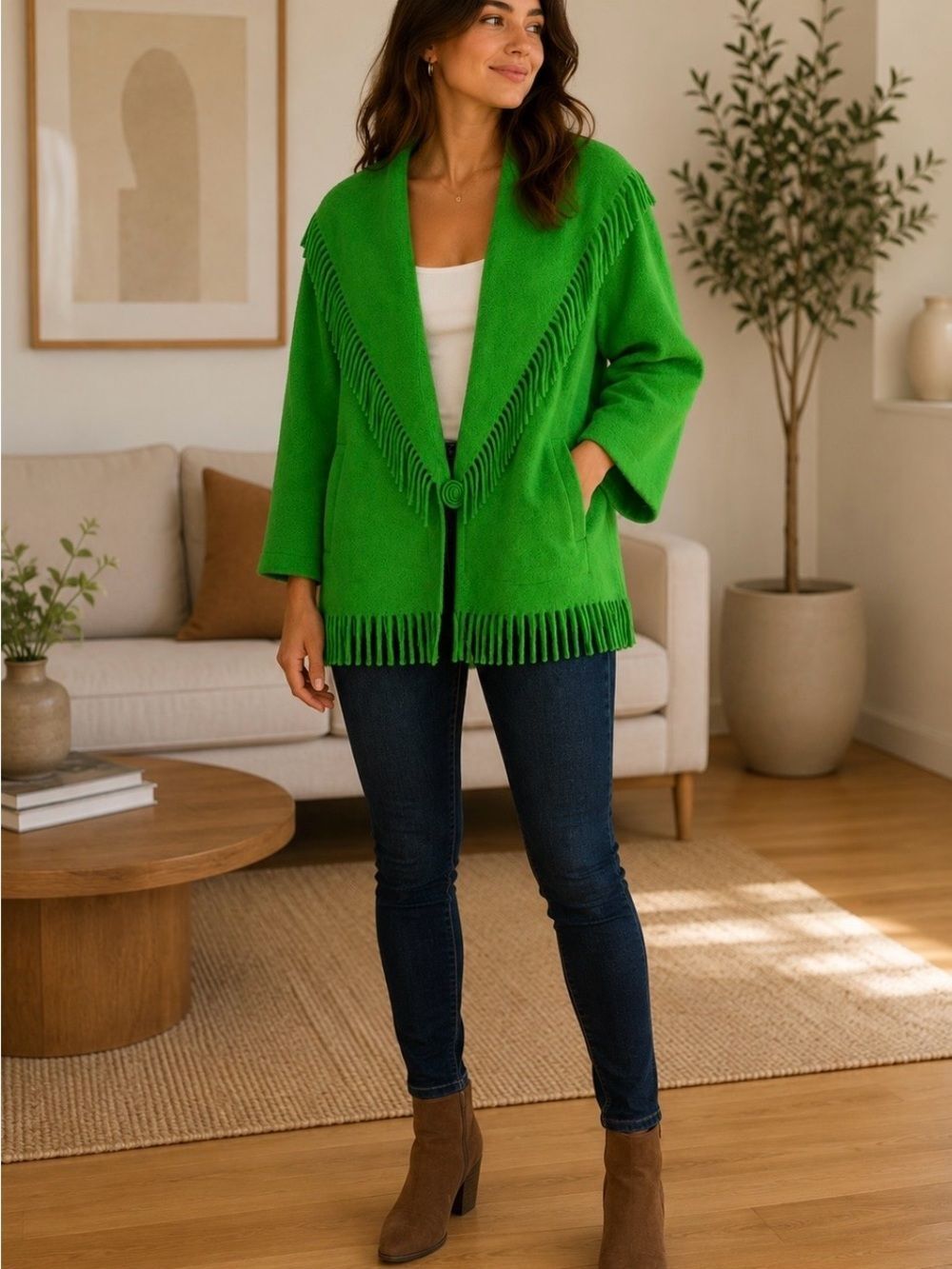 Vintage Gallery Bright Green Fringe-Trim Shawl Collar Pea Coat medium